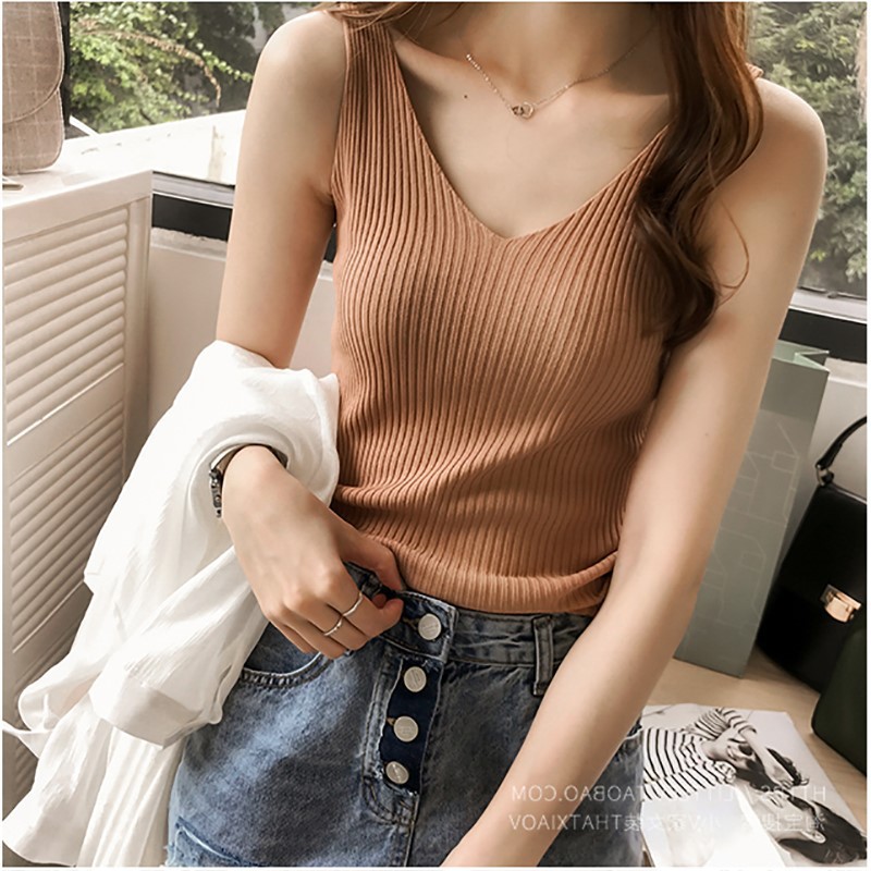 Feminin Tank Top Wanita Polos Vest Rajut Tengktop Wanita Tanktop Korean-7