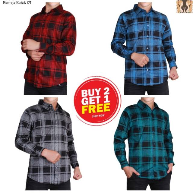 Bg Kotak OT Kemeja Hem Kem Pria Lengan Panjang Motif Kotak Jepang Korea Trendy Modern Slimfit Katun