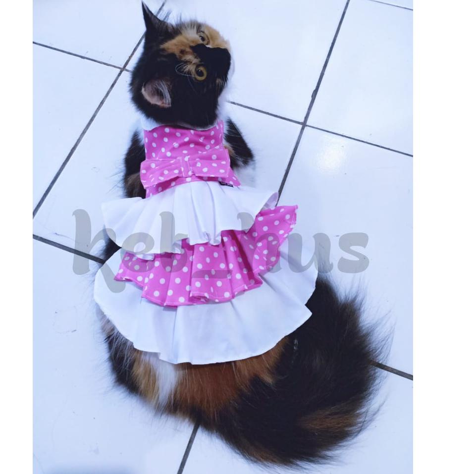 Produk Tebaik Baju Kucing Dan Anjing Betina Model Dress Gaun Kecil Mini Pom Angora Persia Polkadot Pink ♥ 97