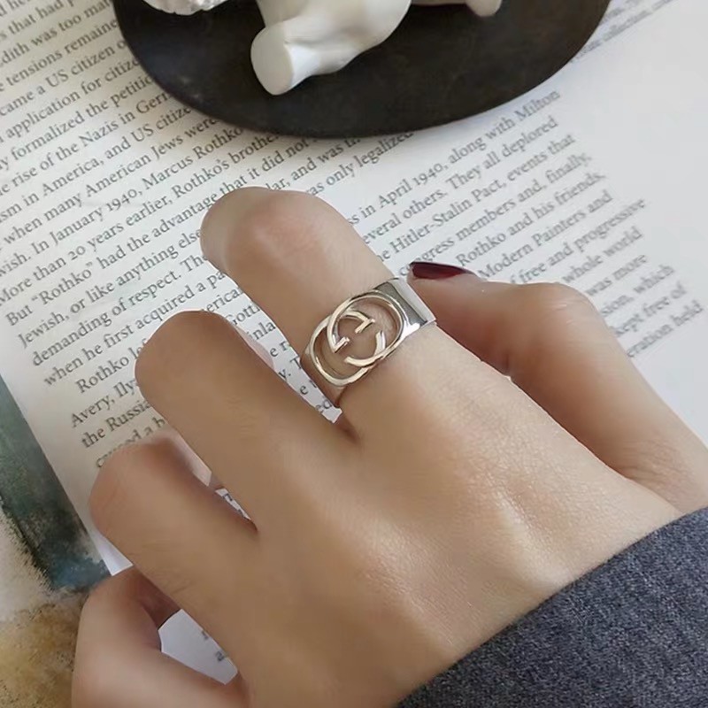 Cincin Gaya Desain G Ganda Waktu Retro Terbuka Unik Sederhana Pria Wanita Surat Ring Cincin