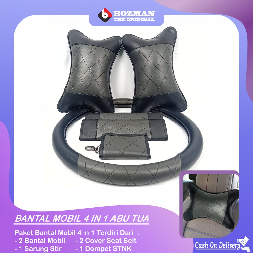 Set Bantal Mobil 4 In 1 Abu Tua Premium Bantal Mobil Sarung Stir Cover Seatbelt Dompet STNK