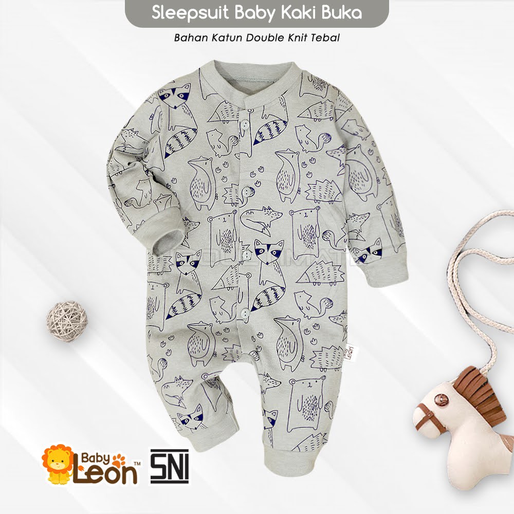 SNI Jumpsuit panjang BABY LEON 0-12 bulan COTTON Jumper Bayi Baju Tidur Bayi Anak BC-071 Piyama kaos-Gray Fox
