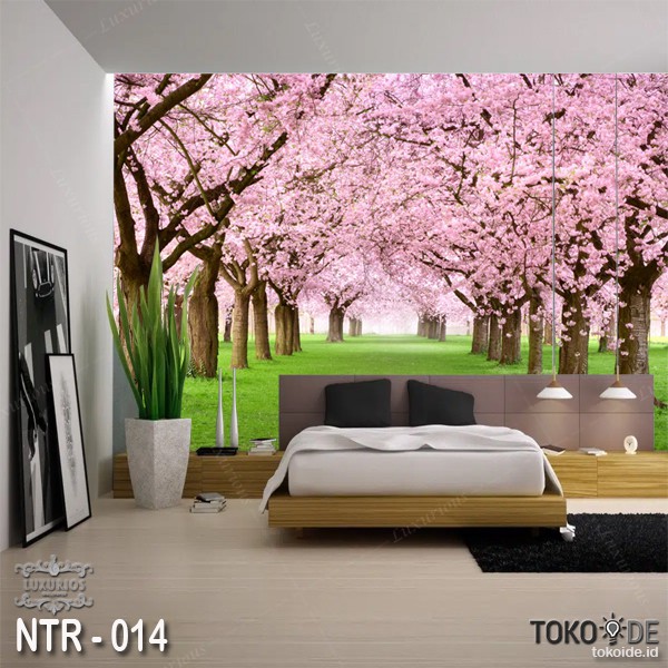 Wallpaper dinding 3D Wallpaper Sakura Sticker Pemandangan Taman Bunga Sakura