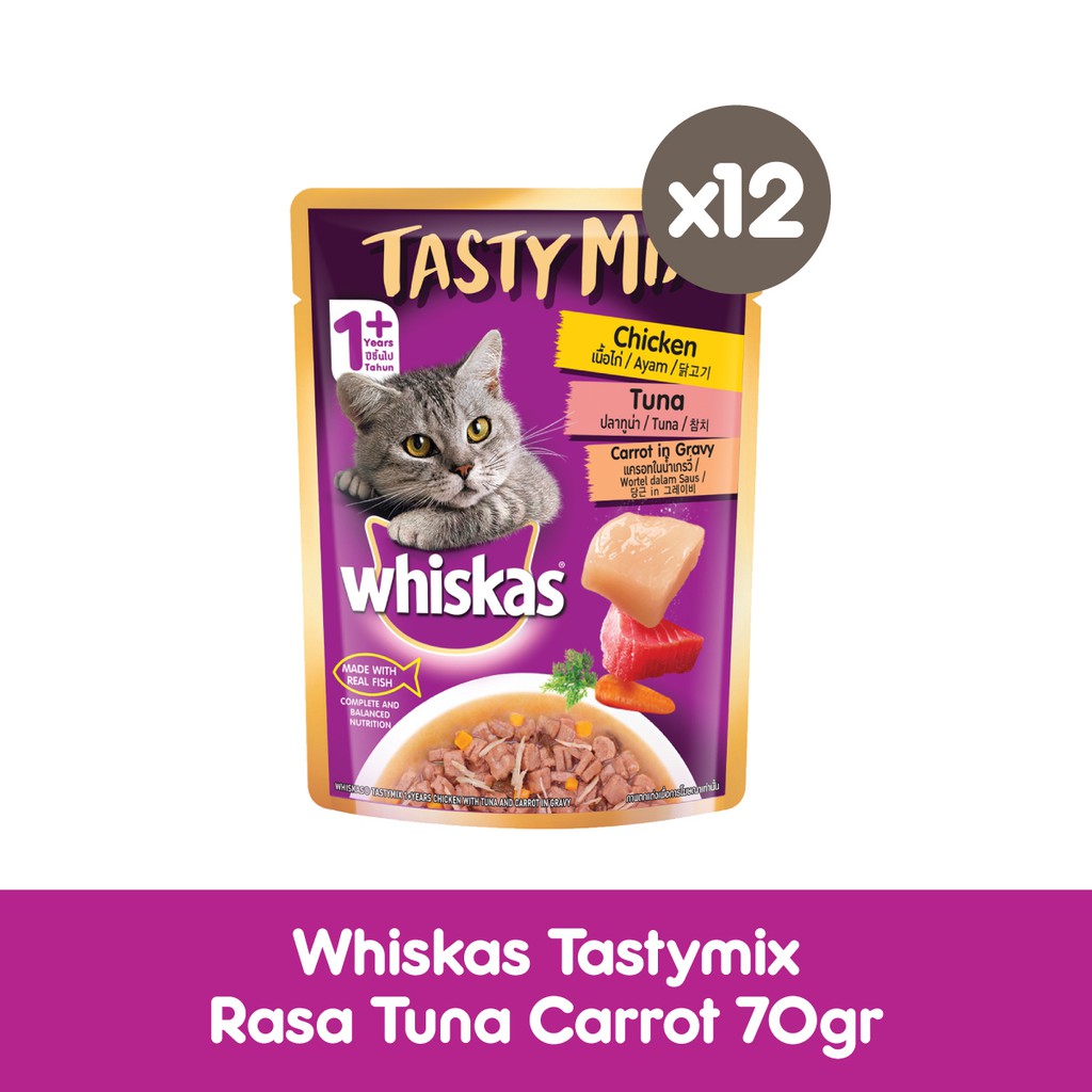 WHISKAS® Tasty Mix Makanan Kucing Basah Pouch 70gr - Isi 12-Chicken Tuna Carrot