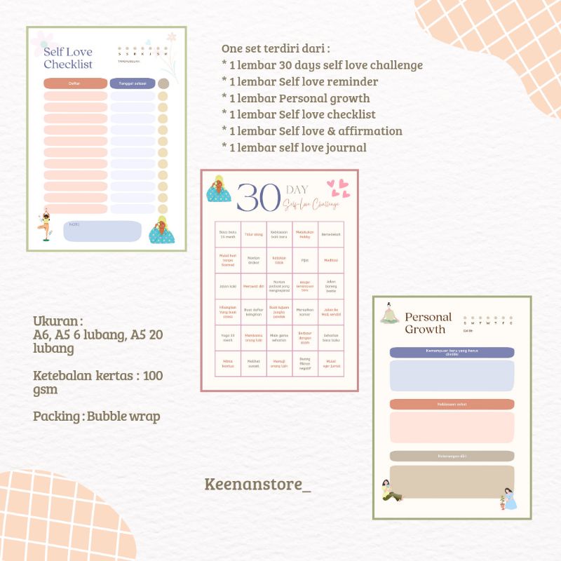 

Isi binder SELF LOVE ukuran A6 dan A5 (Min belanja 10K) .