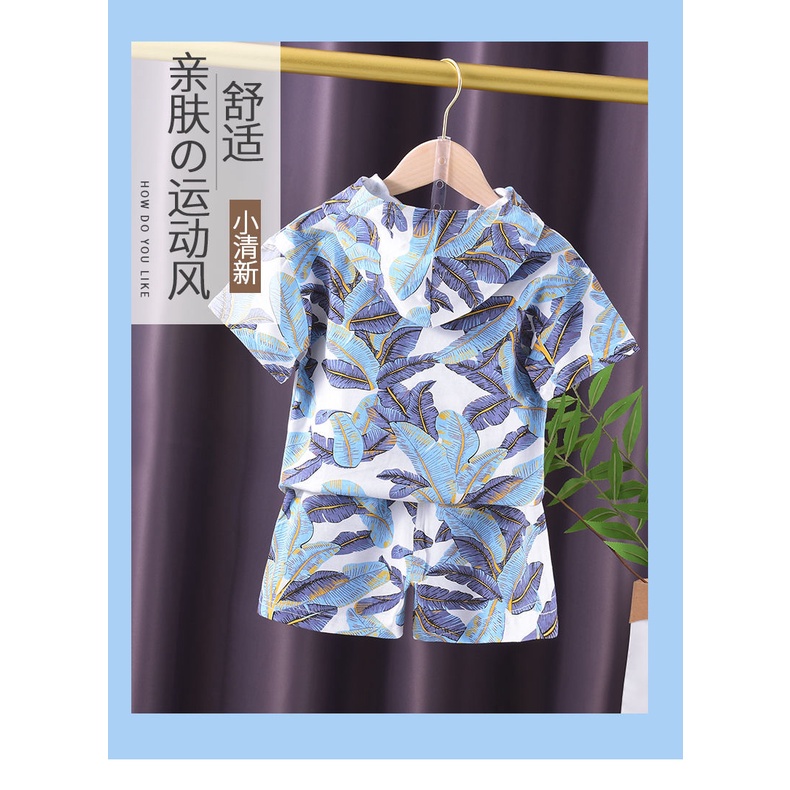 12.12 SALES!2Pcs Setelan Anak Laki-Laki Blus Sablon Bunga Lengan Pendek Modis Dengan Topi + Celana Pendek Set Pakaian