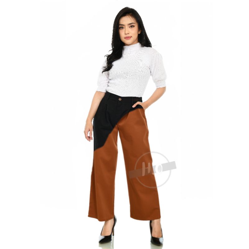 Celana Kulot Wanita Panjang Model Pinggang Karet Belakang Warna Hitam Putih Bahan Premium Quality