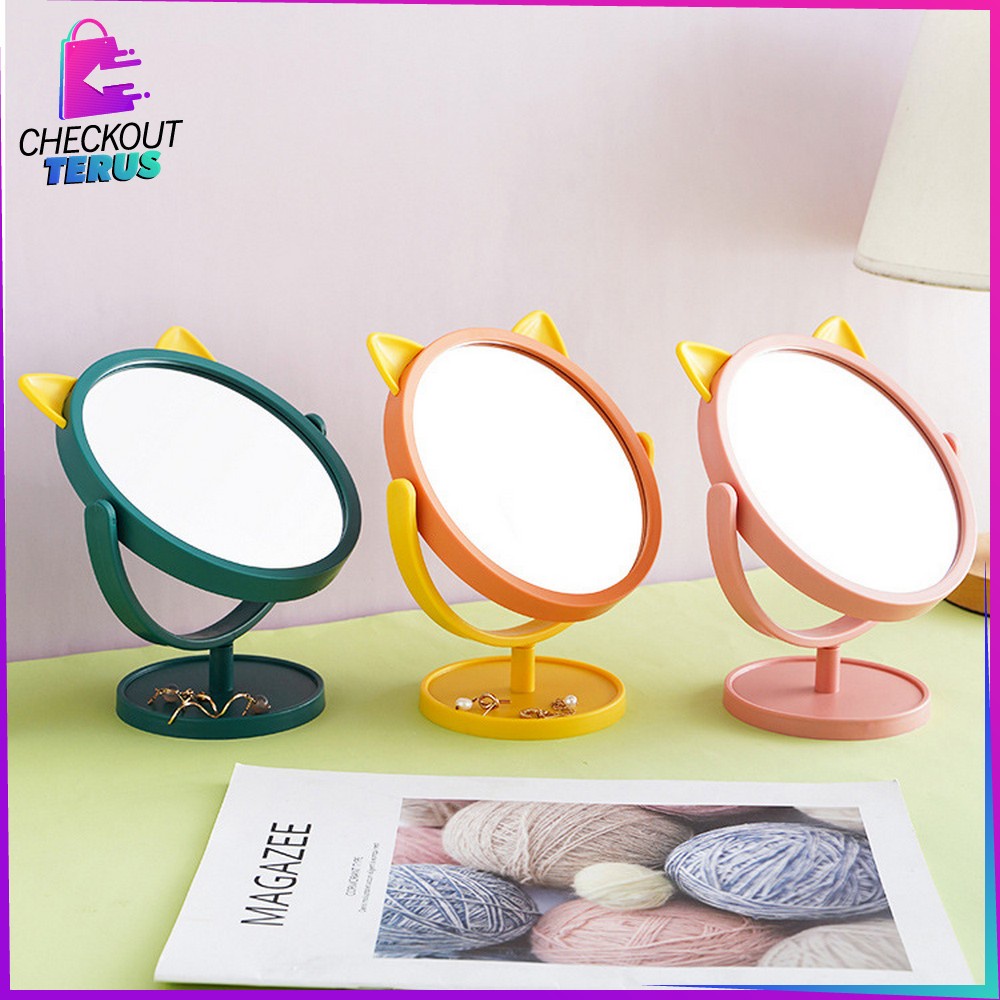 CT K88 Cermin Rias Karakter Motif Kuping Kucing Kaca Make Up Bulat Standing Mirror Make Up Cermin Mirror Aksesoris Kecantikan