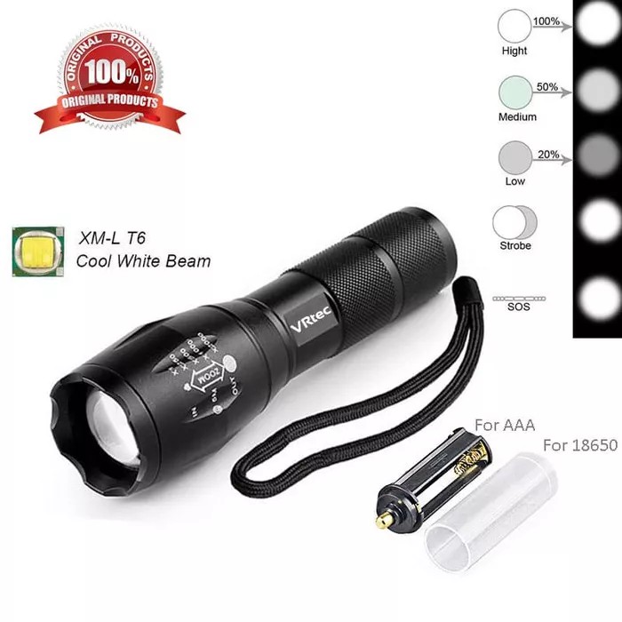 PAKET Senter LED Cree E17 XM-L T6 VRtec 3000 Lumens Flashlight Battery