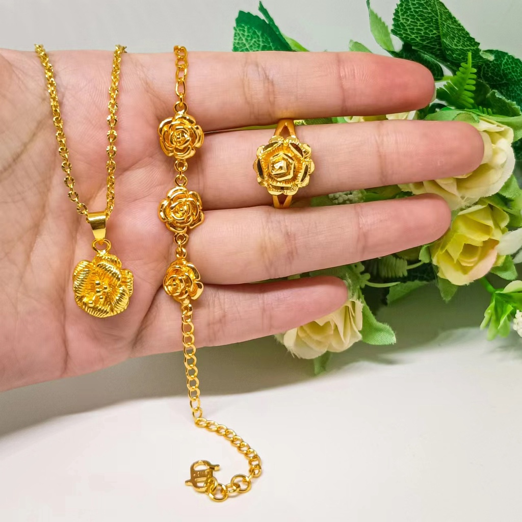 satu set gelang+kalung dan Liontin+cincin kendari gold 24K perhiasan hadiah bunga