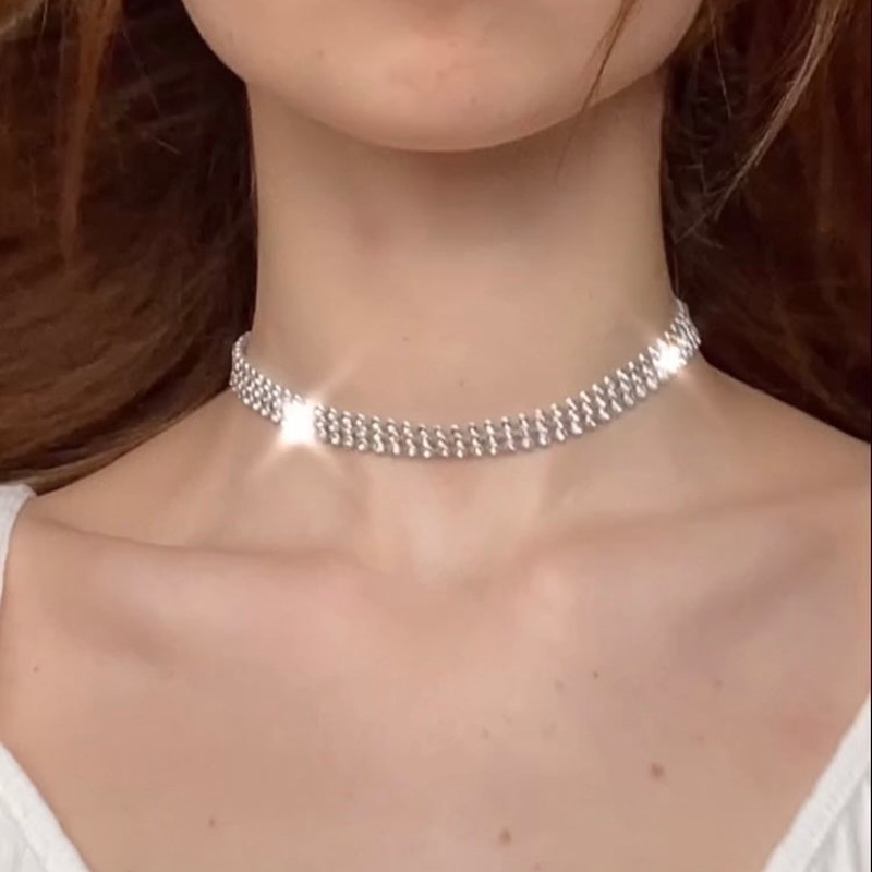 Kalung Pengantin Pesta Pernikahan Berkedip Aksesoris Perhiasan Penuh Kristal Berlian Imitasi Perak Punk Fashion Rantai Sexy Choker