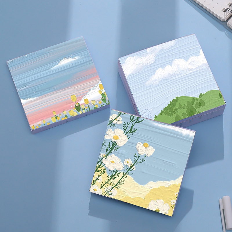 3pcs/set Beautiful Oil Painting Style Landscape Pattern Tearable Memo Sticky Note for Student