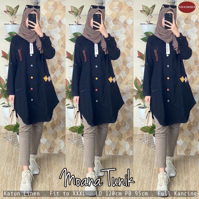 Moana Tunik Baju Atasan Hem Wanita Jumbo Big Size LD 120 cm Fit XXXL Bahan Katun Linen