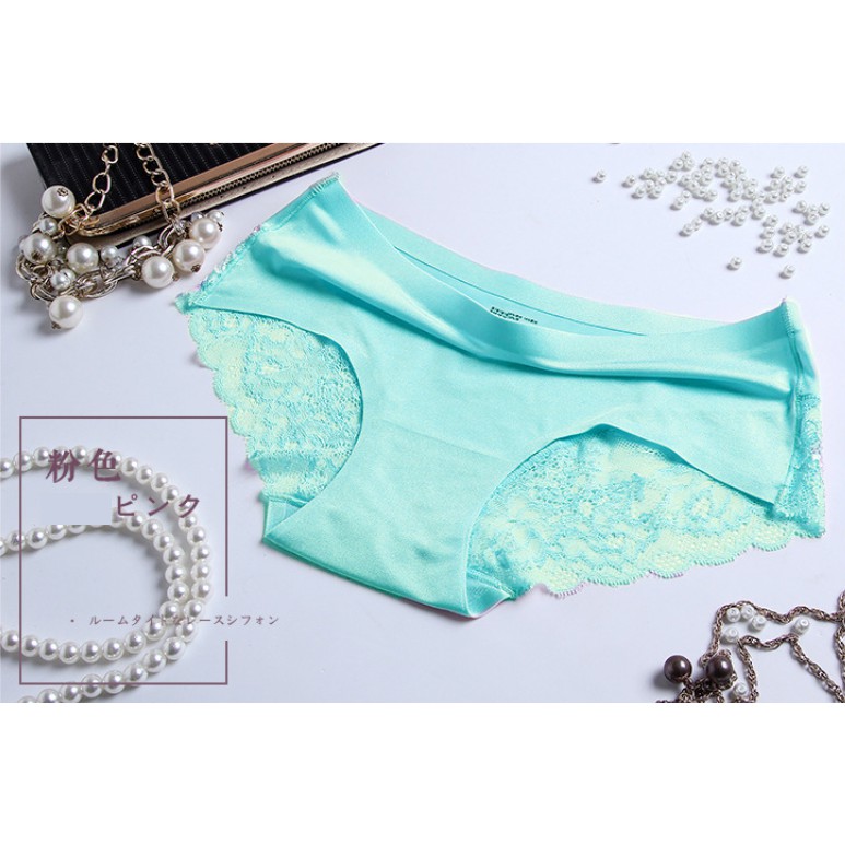 - BISA COD - PREMIUM QUALITY Celana Dalam Wanita Women Panties Renda Lace Sutra Silk Seamless Sexy-Hijau Muda
