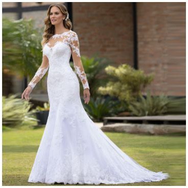 Gaun pengantin mermaid putih ekor renda payet mutiara