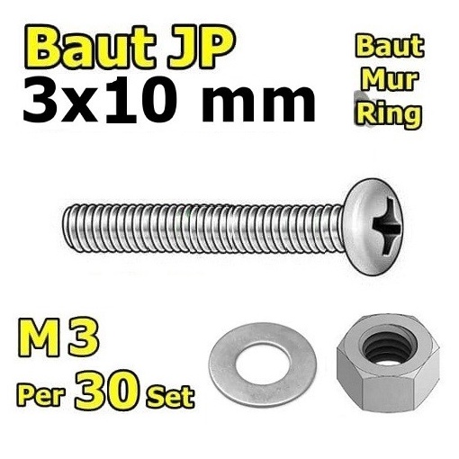 x30 Set Baut Mur Ring M3 x 10mm JP3 M3 3mm Ukuran M3x10 3x10mm 3x10 3x10mm Kepala Cembung