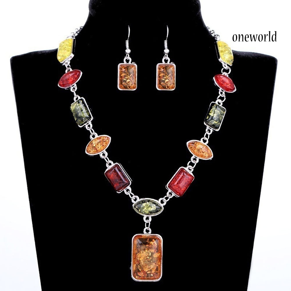 OW@ Square Oval Amber African Style Women Necklace Hook Earrings Party Jewelry Set