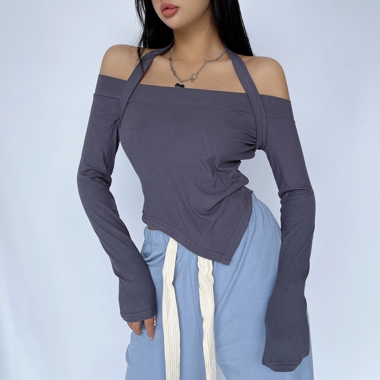 【LIVIAHOME】Halter Neck Tie Off-Shoulder Asymmetric Hem Crop Tee 7284 (S-L)