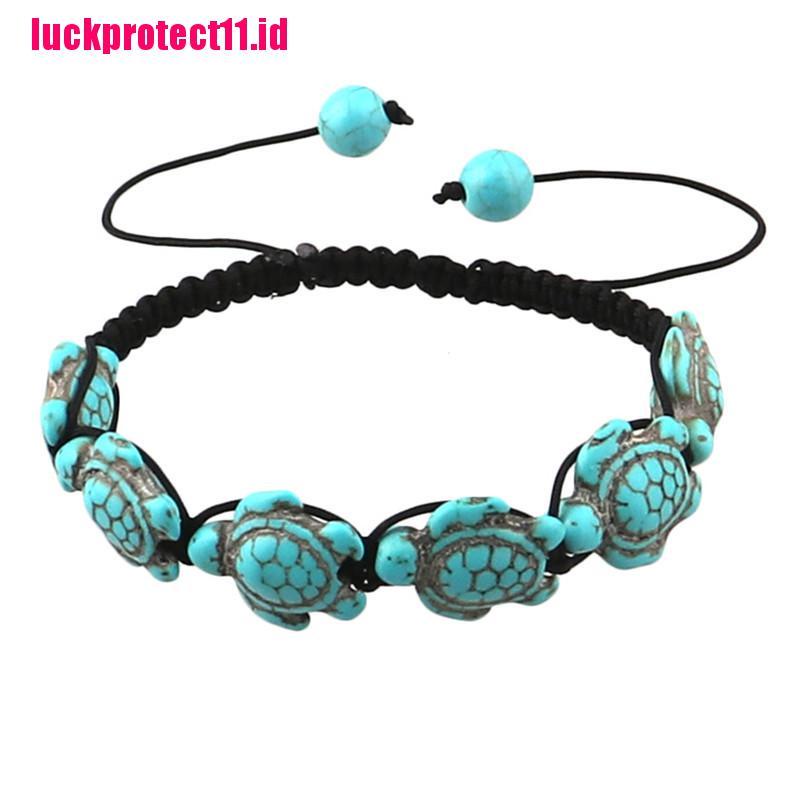 (LUCK) Gelang Tangan Tali Kepang Adjustable Aksen Kurakura Turquoise Vintage Bohemia Untuk Wanita