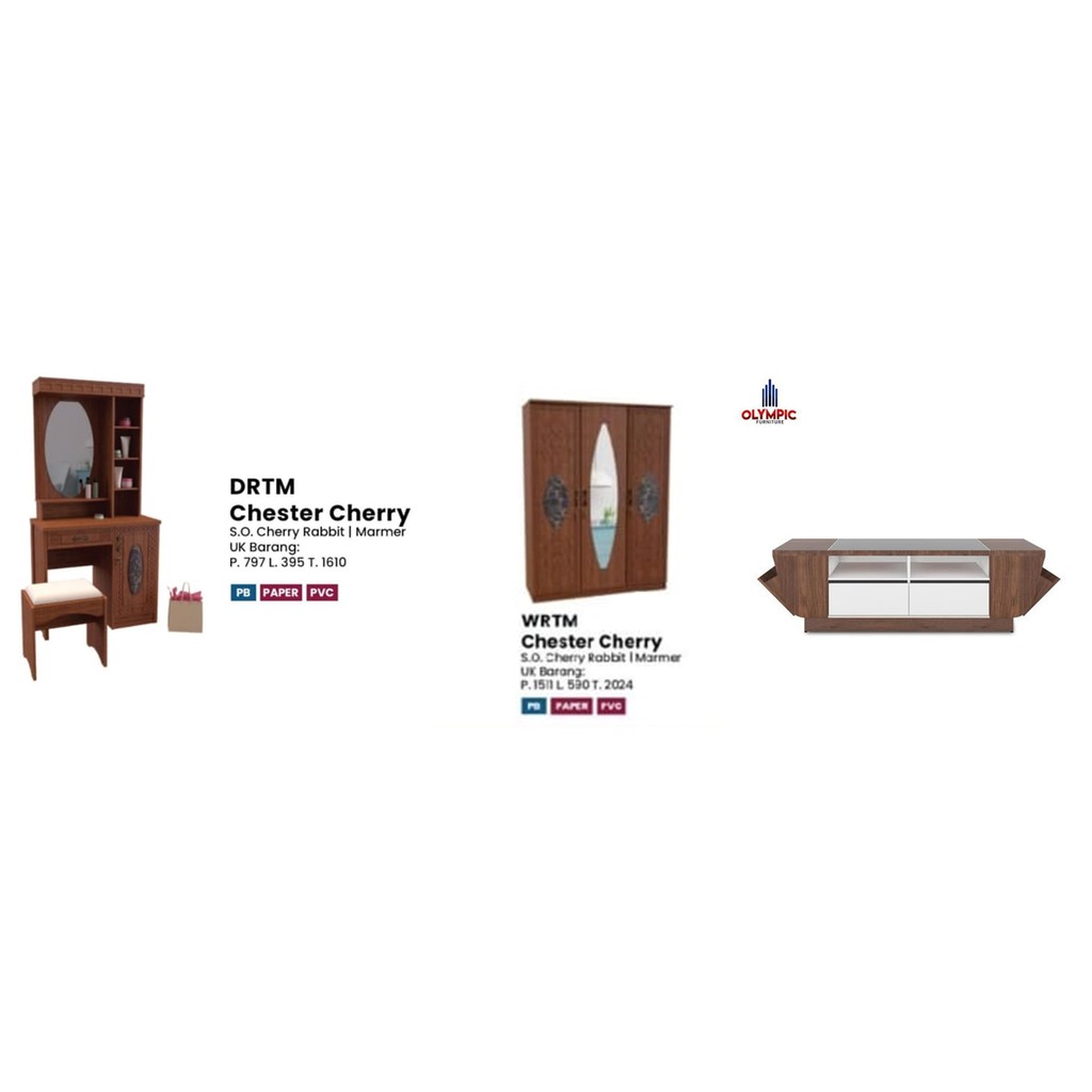 SET LEMARI PAKAIAN WRTM CHERRY +  RAK TV AVR KAUZER + MEJA RIAS DRTM CHERRY