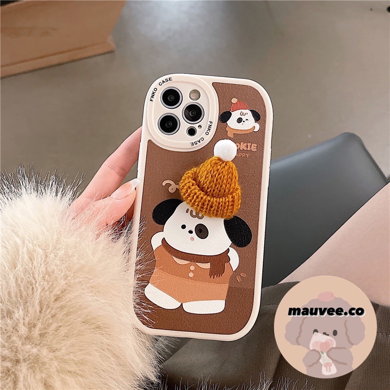 [READY STOCK] CASE IPHONE CUTE DOG 3D EMBROIDERY BEANIE HAT SOFT CASE SEMI LEATHER 13ProMax 13Pro 13