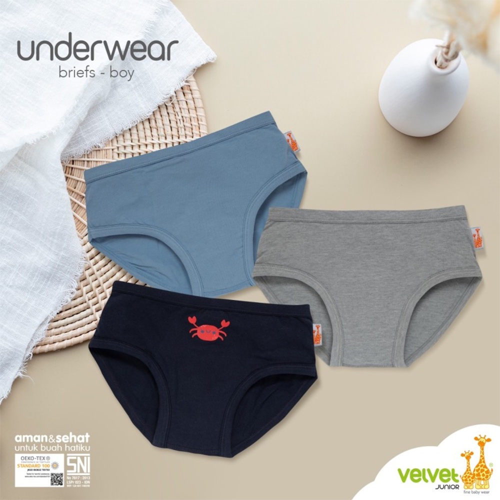 Velvet Junior Boy Underwear Brief Solid Color Crab 3pcs Celana Dalam Anak Laki Laki