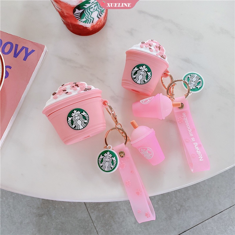 Case Bentuk Cangkir Kopi 3D Warna Pink Dengan Gantungan Kunci Untuk AirPods 1 2 3 Pro