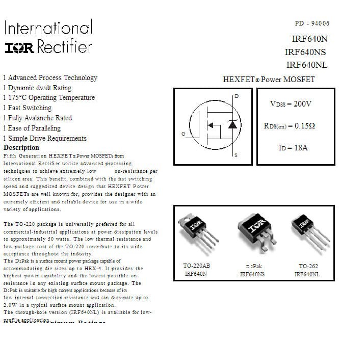 IRF640 IRF640N Power Mosfet Rectifier N-Channel 55V 49A High Active