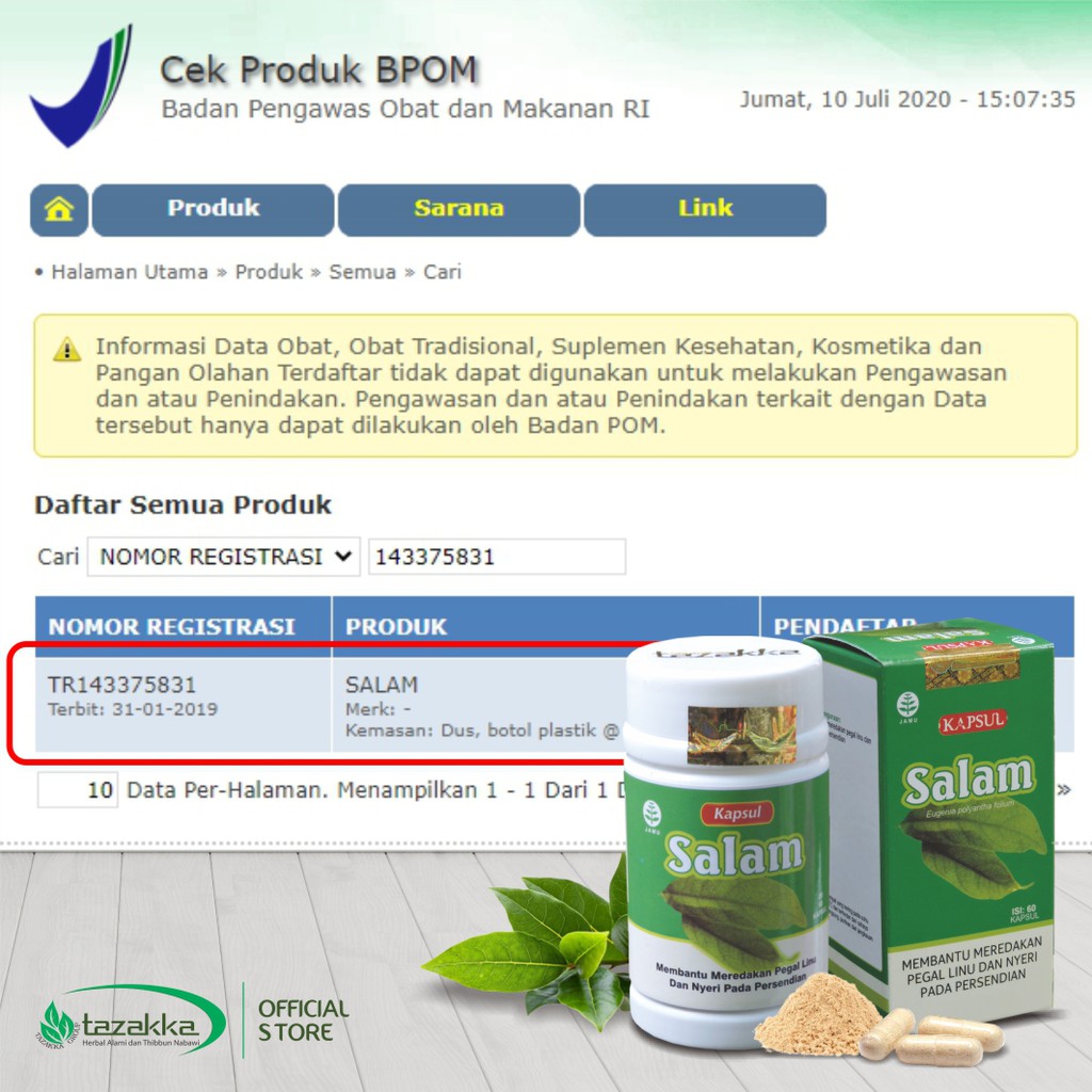 Obat Pegal Linu | Obat Nyeri Sendi | Kapsul Herbal DAUN SALAM Tazakka HALAL BPOM Original isi 60