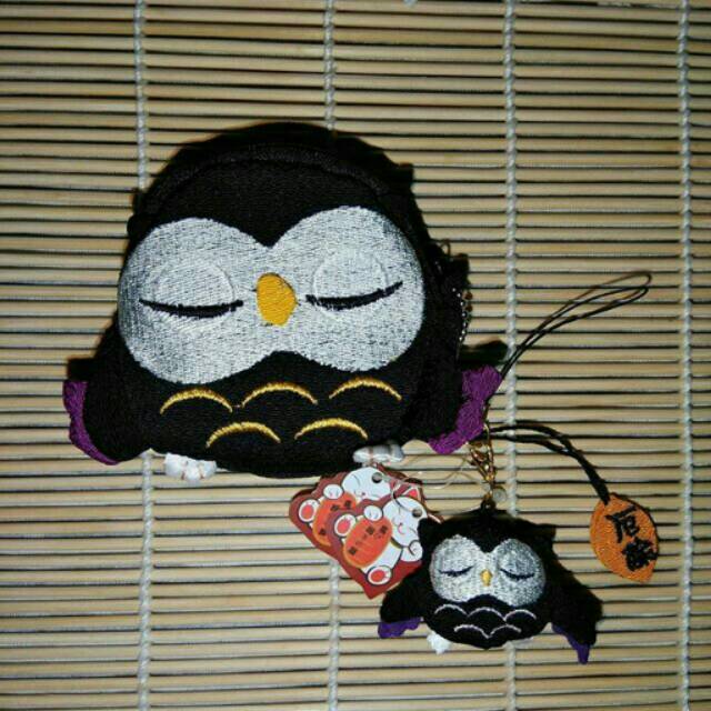 Chirimen Owl Set of Wallet and Charm Dompet Koin Kain Jepang