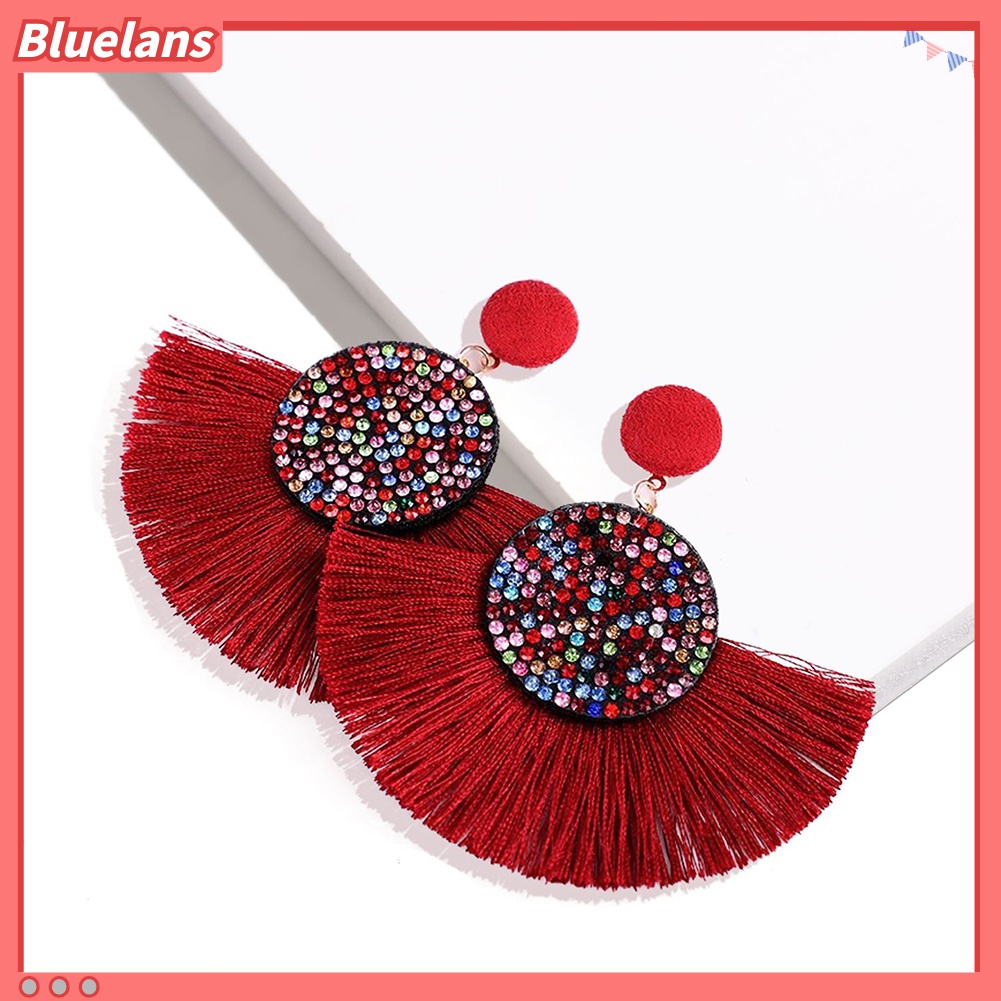 Anting Stud Bentuk Kipas Rumbai Aksen Berlian Imitasi Gaya Bohemia Untuk Wanita