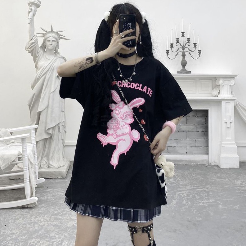 KBS-91 kaos full print kelinci rabbit black and pink oversize t-shirt import korea jepang