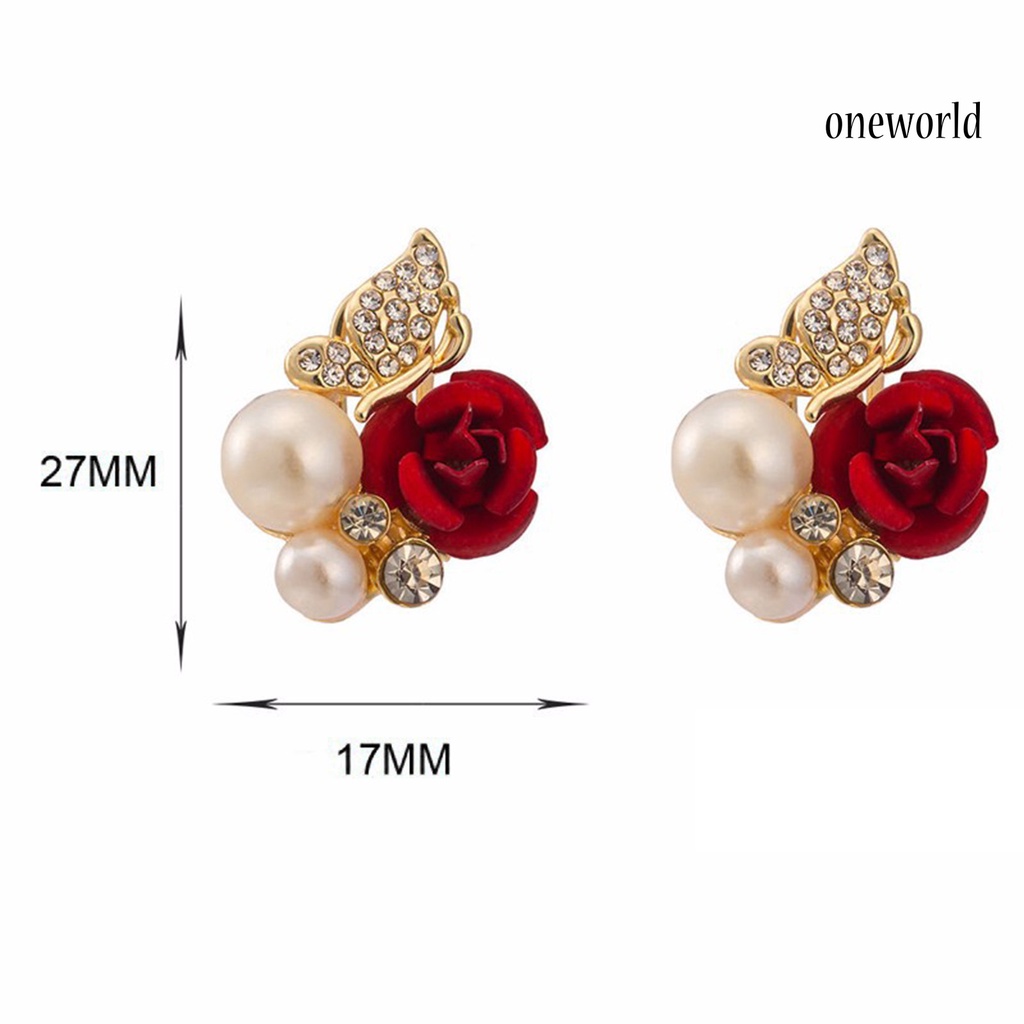 OW@ Earrings Red Rose Flower Faux Pearl Decor Exquisite Alloy Ear Studs Jewelry Gift for Party