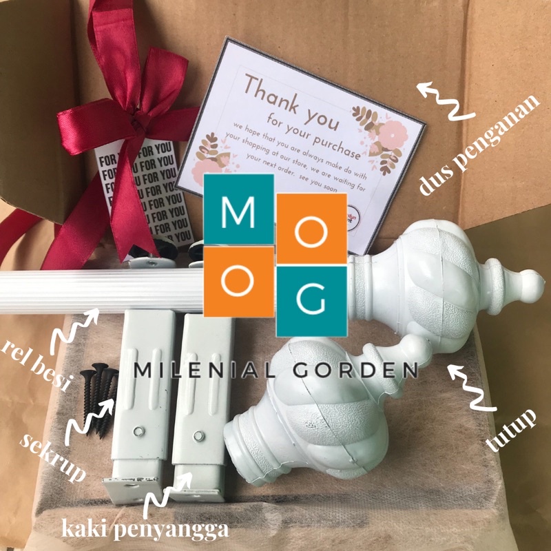 Batang Rel Besi Gorden Putih Tulang Ukuran 50cm-200cm Fullset Plus 2 Sekrup