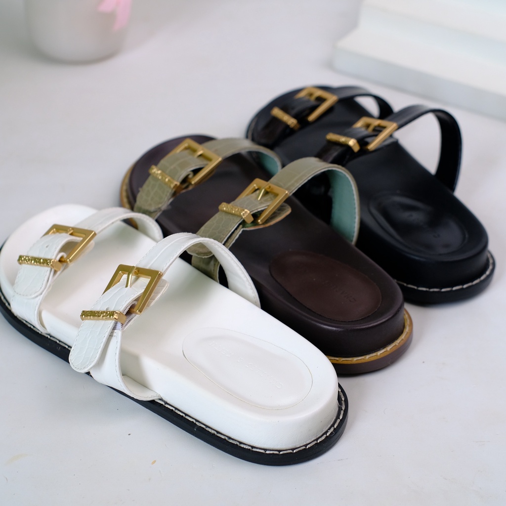 [7.7 Boombastis Sale⚡] - SANDAL WANITA CKS426 CK DOUBLE BUCKLE FLAT SANDAL PREMIUM IMPORT