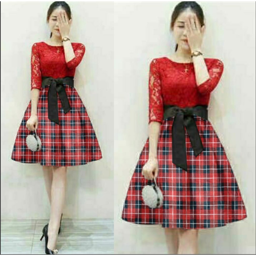 F C06 Dress Marry Rose Batik RED Bahan brukat lapis furing LD 98 PJ 83