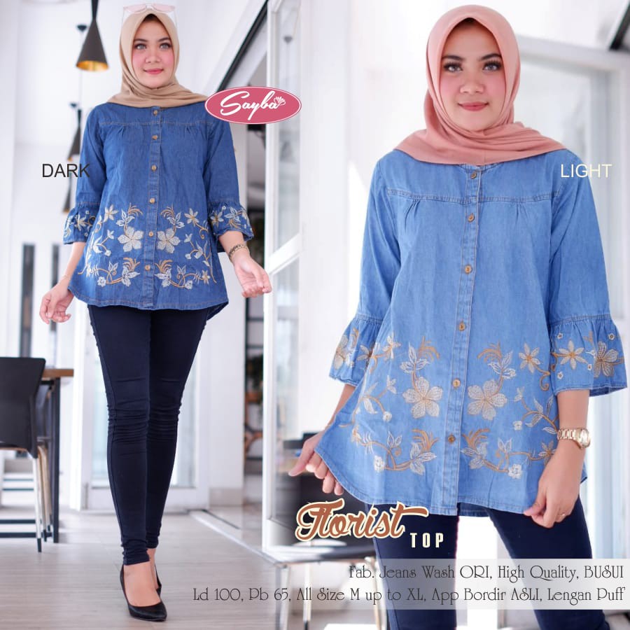 UKKY FLORIST TOP KEMEJA JEANS BORDIR BUNGA ORIGINAL KEKINIAN GBM