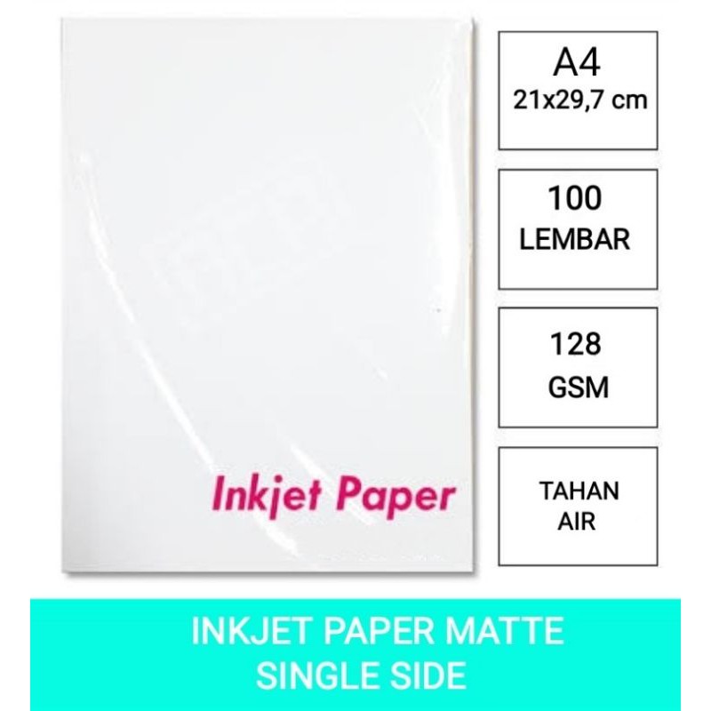 

INKJET PAPER MATTE 128 GSM A4 ISI 100 LEMBAR/kertas inkjet paper matte SINGLE SIDE