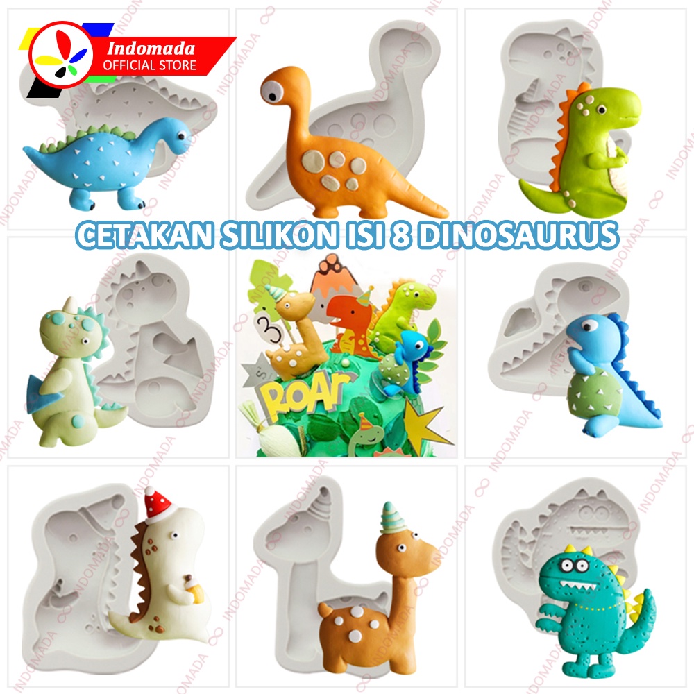 Indomada Cetakan Silikon Fondant Set isi 8 Dinosaurus 3D Raksasa Besar Coklat Puding Resin Dino Mons