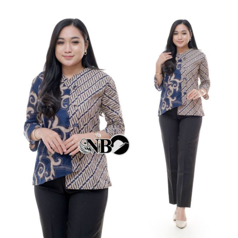 BATIK WANITA ATASAN KANTOR MODERN MONALISA GENES M,L,XL,XXL asli PEKALONGAN-SPL Kangkung Navy