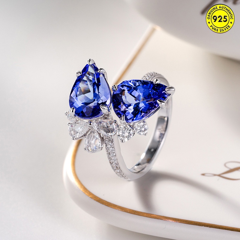 Cincin Berlian Sapphire Biru Ganda Bentuk Pir Model Terbuka Untuk Wanita