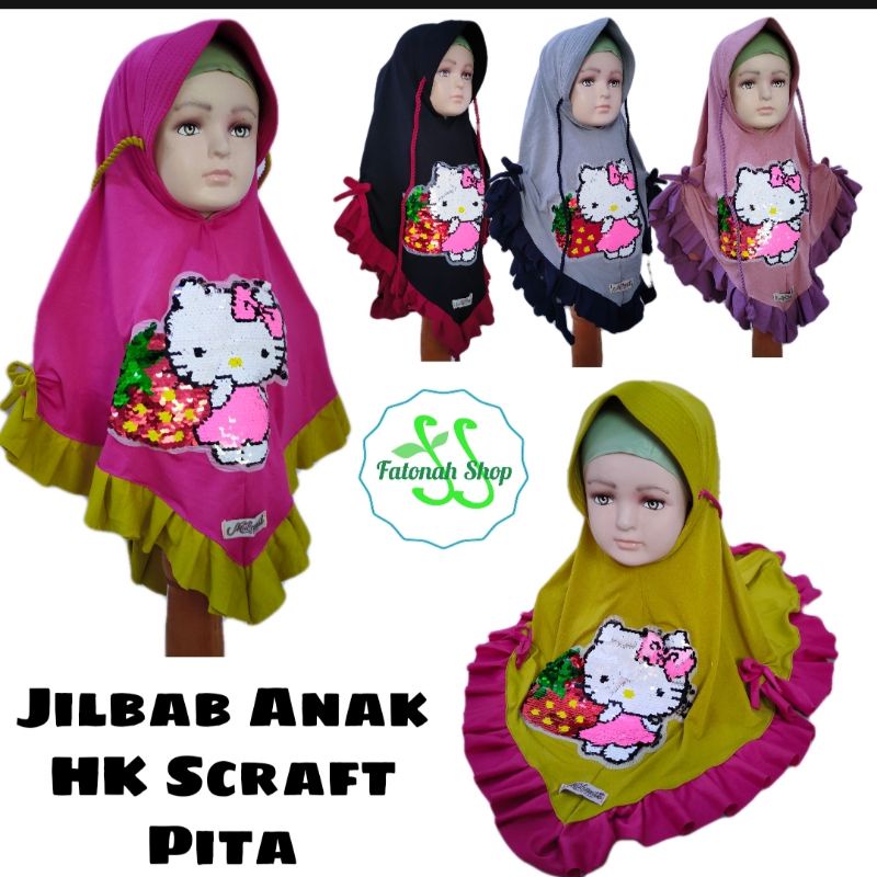 Jilbab Anak 4 5 6 7 8 9 tahun motif hellokitty kerudung rempel lucu lampu tali renda bahan kaos jersey HK scraft pita