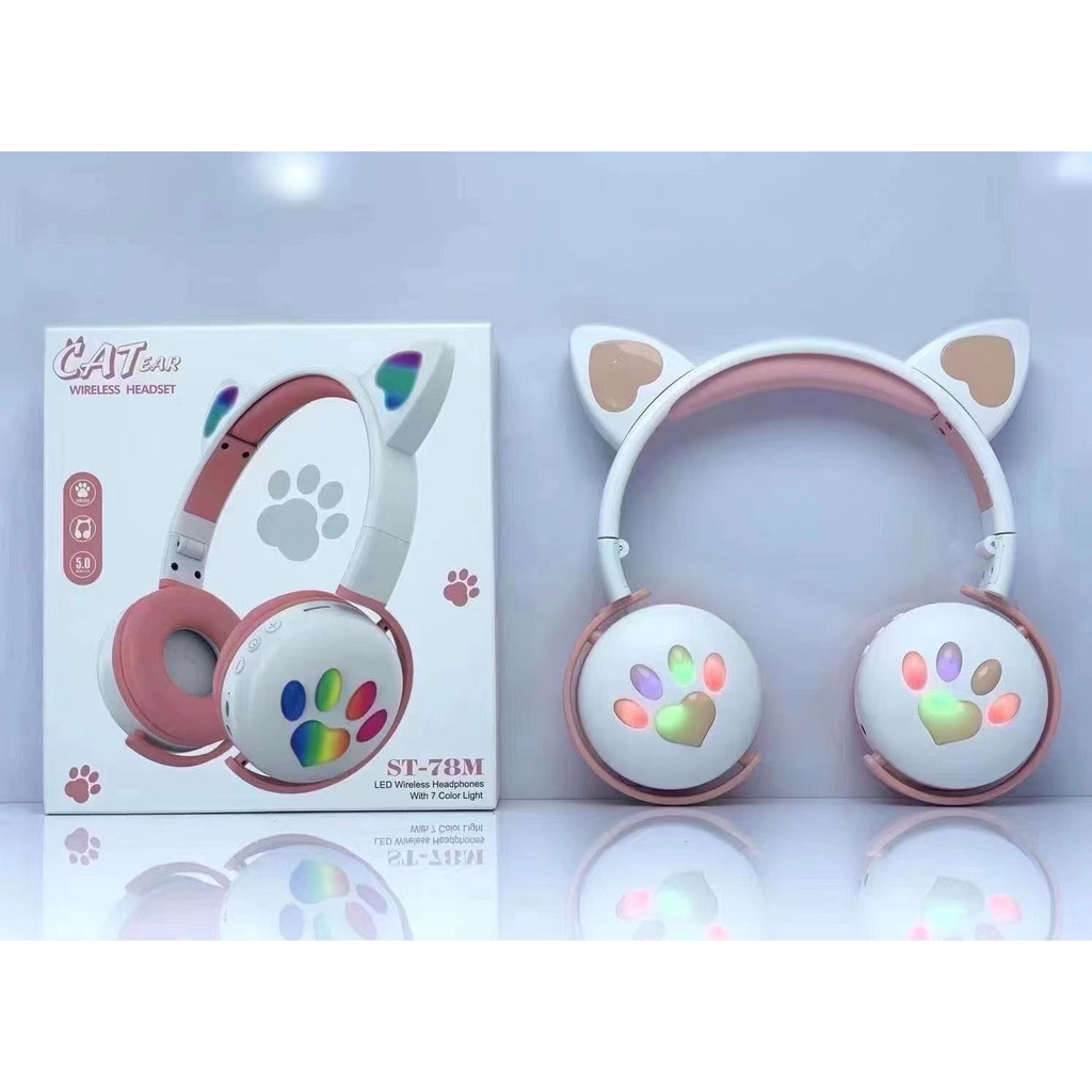 Headphone Gaming Bluetooth Bando Ear Cat LED kuping bendo Music play BT Wireless tanpa kabel