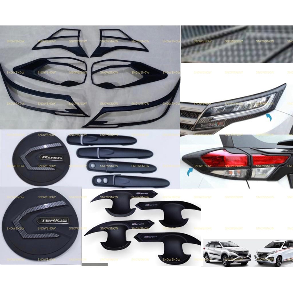 Paket Garnish Lampu Depan Belakang Outer Handle Tank Cover  All New Rush Terios 2018 2020 2022 Up GR SPORT Hitam Chrome Carbon