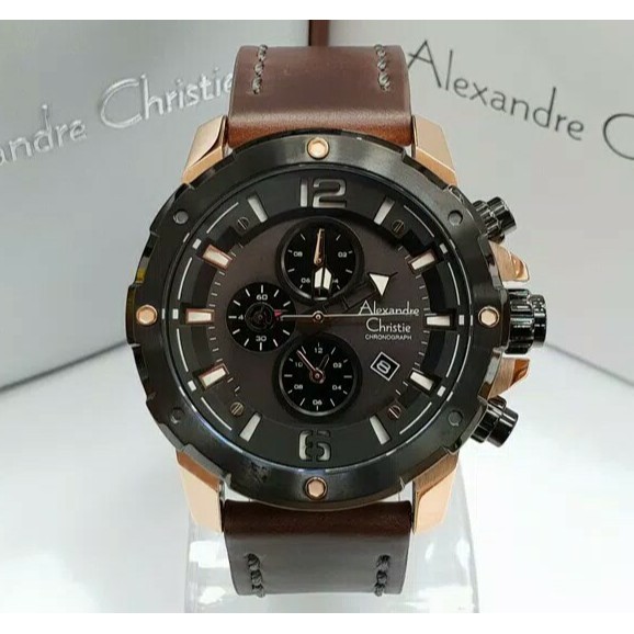 JAM TANGAN PRIA ALEXANDRE CHRISTIE AC 6410 AC6410 BLACK ROSEGOLD LEATHER ORIGINAL