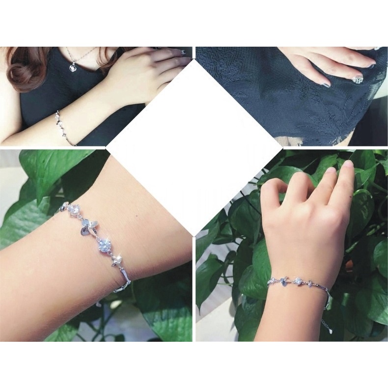 Gelang Desain Clover Empat Daun Bahan Stainless Steel Lapis Silver S925 Hias Berlian Zircon Putih Untuk Wanita