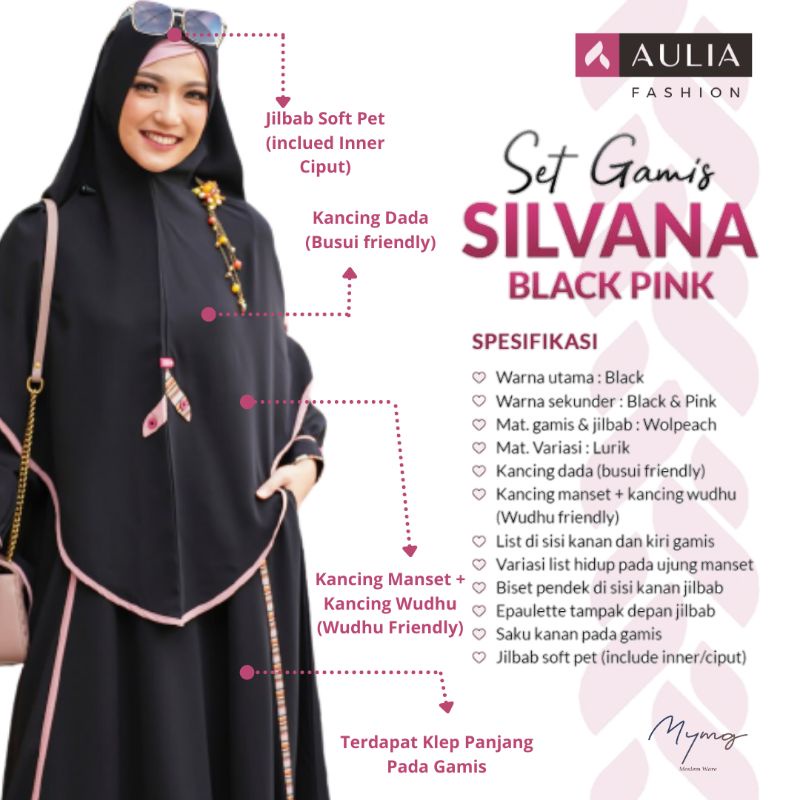 AULIA FASHION Set Gamis SILVANA BLACK PINK Busana Muslim Branded Original Bahan Wolpeach Variasi Lur