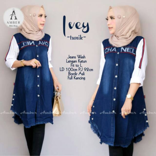 Ivey Long Tunik Levis Jeans Wash Fit to XL Ld 100 Bordir Asli Full Kancing Aktif by Amber