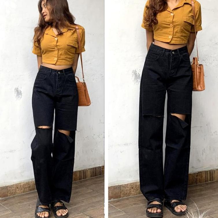 High waist kulot jeans wanita ripped /kulot jeans ripped | PRE.01Jl22ᴴ