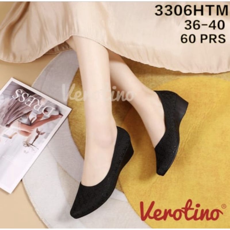 SEPATU WEDGES HAK WANITA PEREMPUAN DEWASA VEROTINO 3306 SEPATU KERJA MAGANG KHUSUS HITAM HITAM MOTIF LINGKARAN